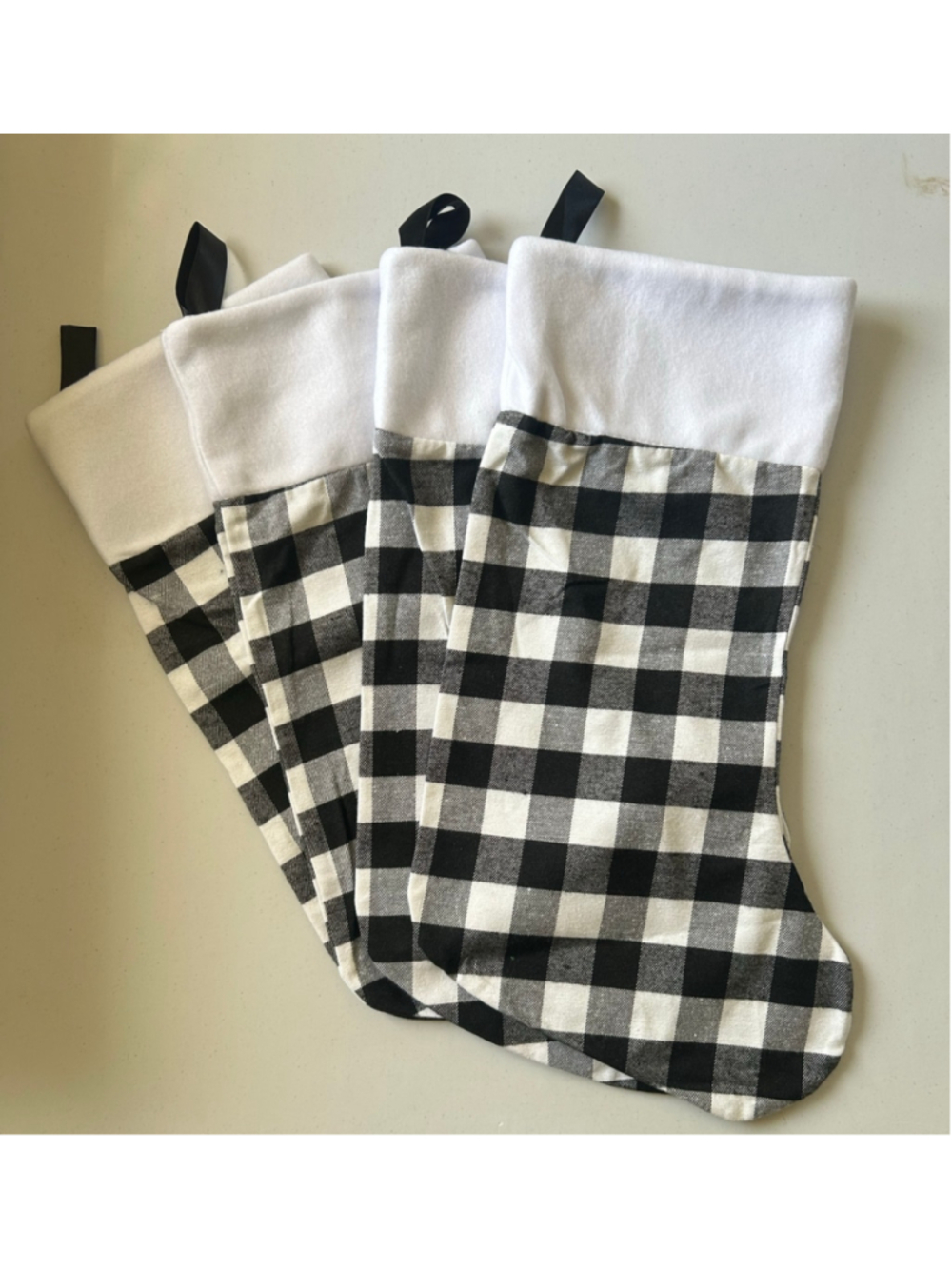Set of 4 Christmas Stocking One Size Black White Buffalo Check Decor